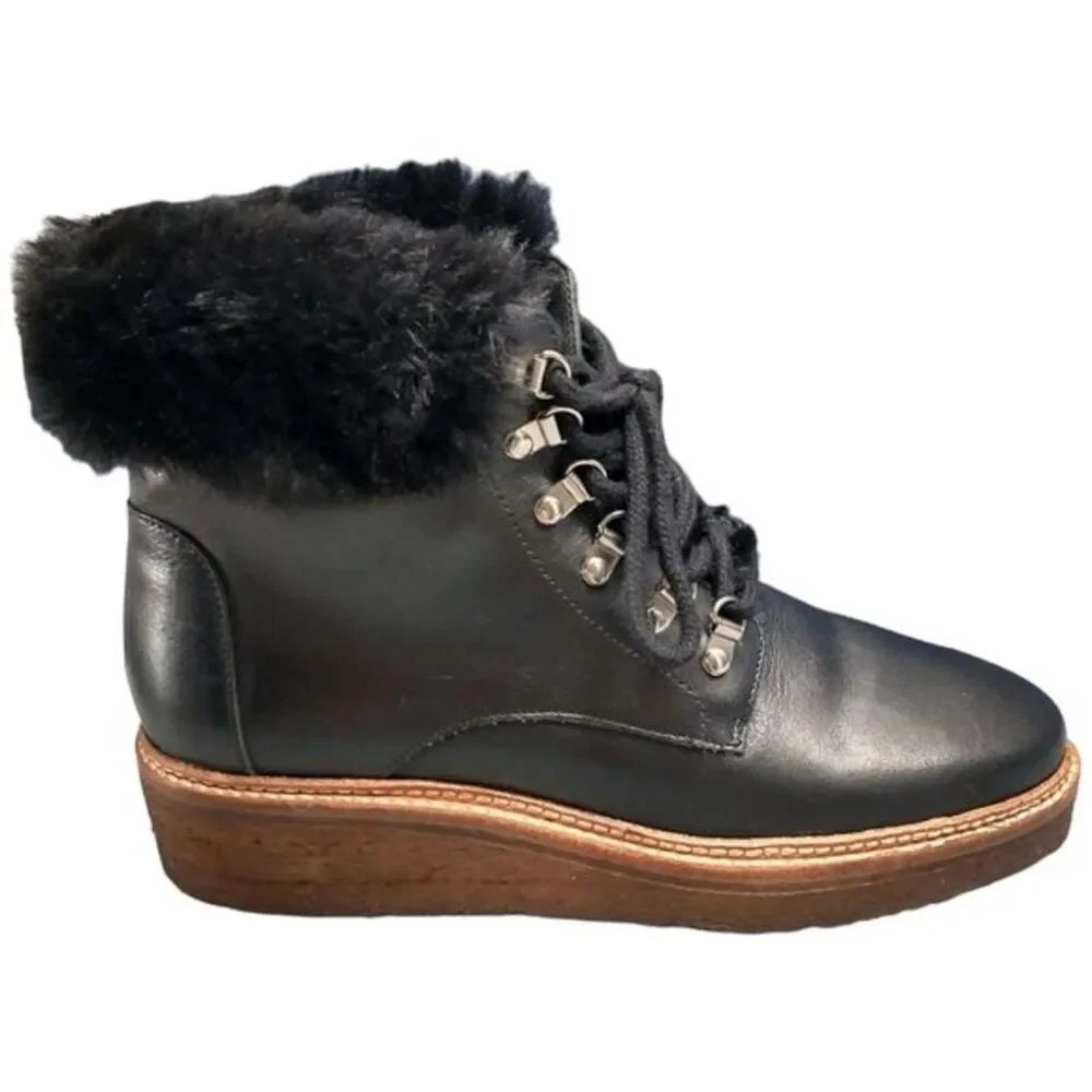 Botkier Winter Boots Womens Size 6 Black Leather Faux Fur Trim Round Toe Lace Up